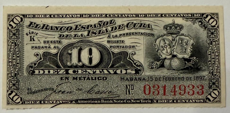 1897 Cuba 10 Centavos Banco Español de la Isla de Cuba Series K Colonial Banknote