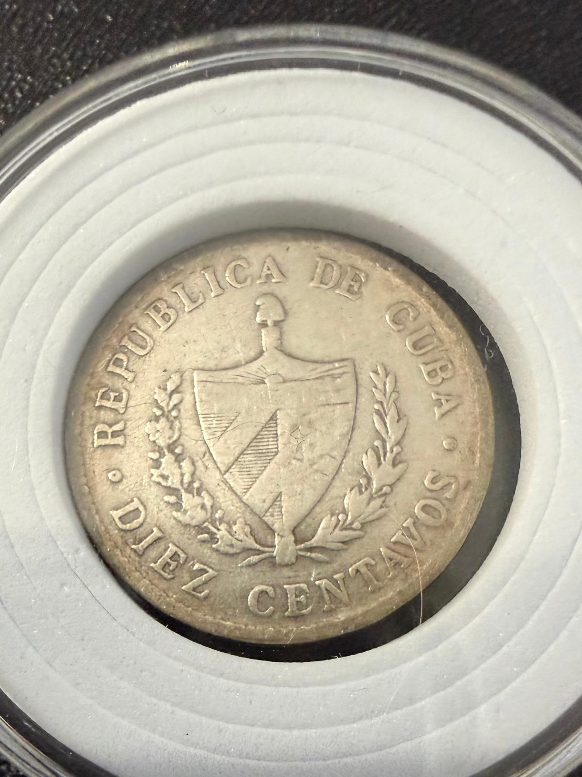 1920 Cuba 10 Centavos – 90% Silver – Cuban Star Coin – Original Toning