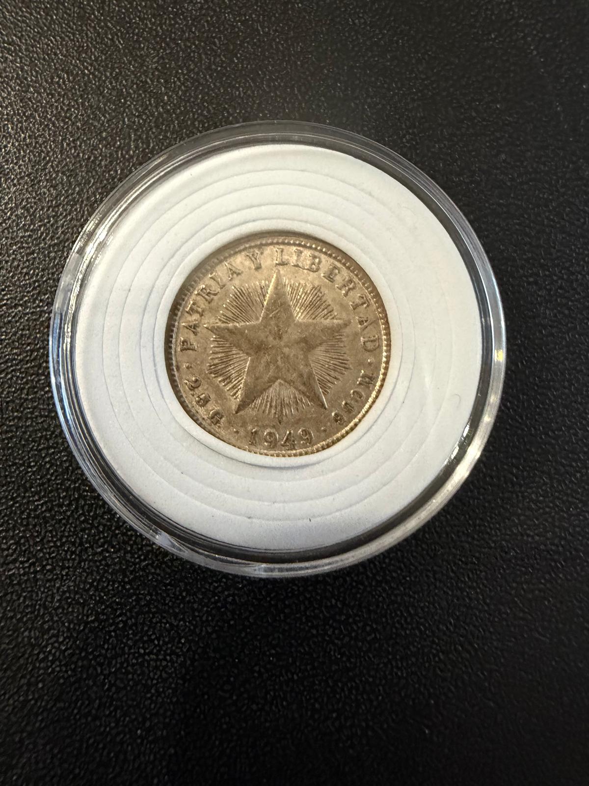 1949 Cuba 10 Centavos Silver Coin – Patria y Libertad – Cuban Star – .900 Silver