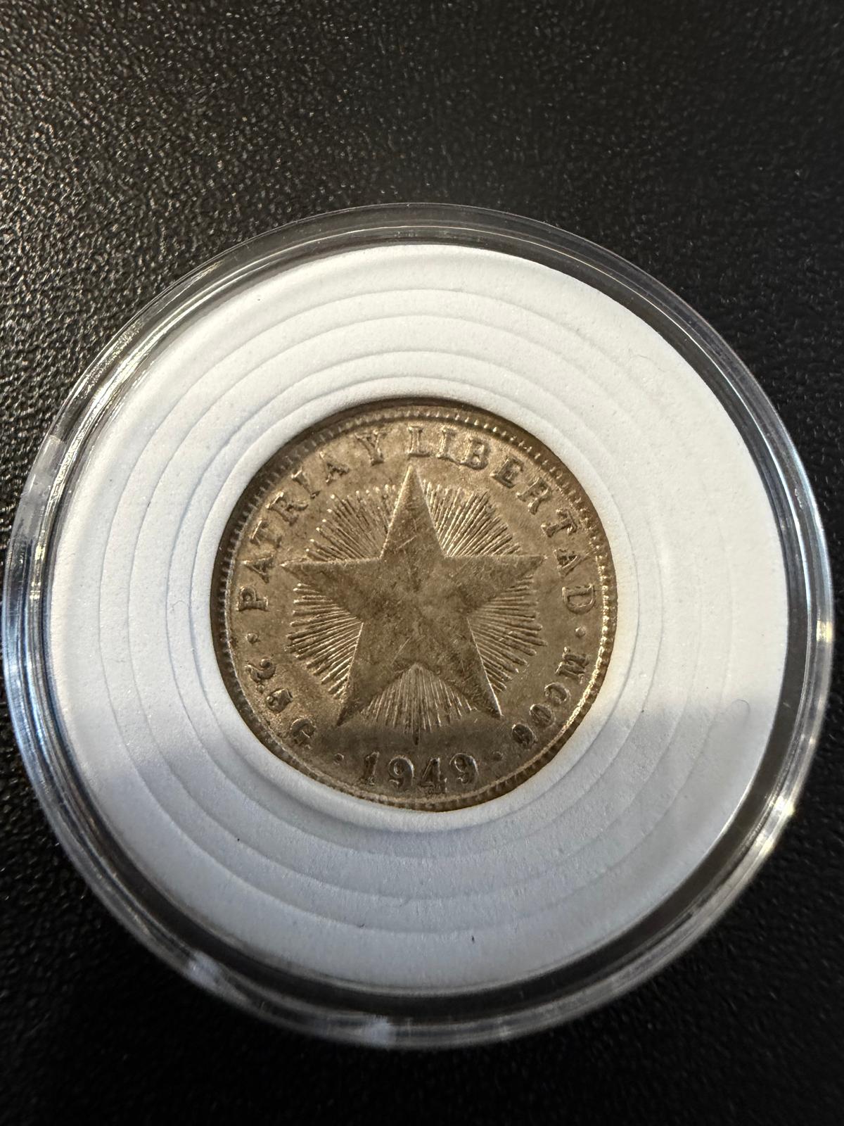 1949 Cuba 10 Centavos Silver Coin – Patria y Libertad – Cuban Star – .900 Silver