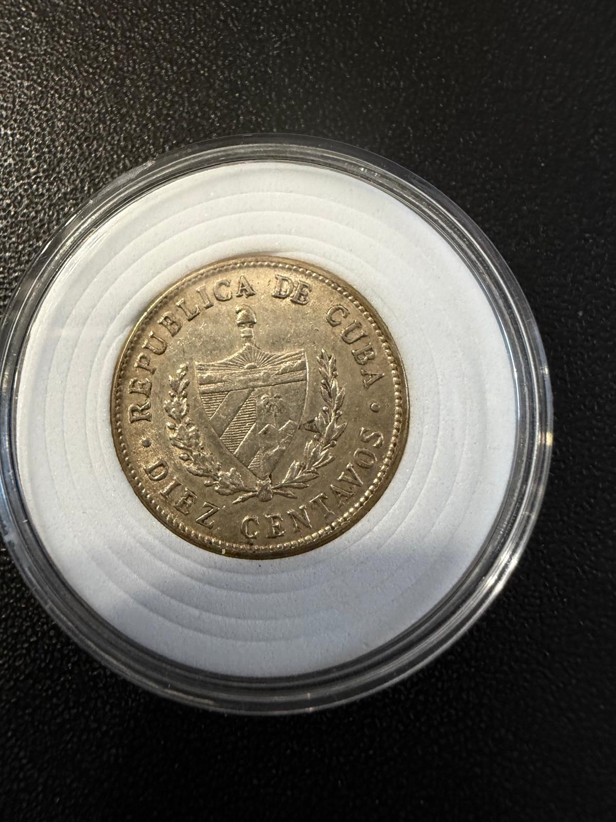 1949 Cuba 10 Centavos Silver Coin – Patria y Libertad – Cuban Star – .900 Silver