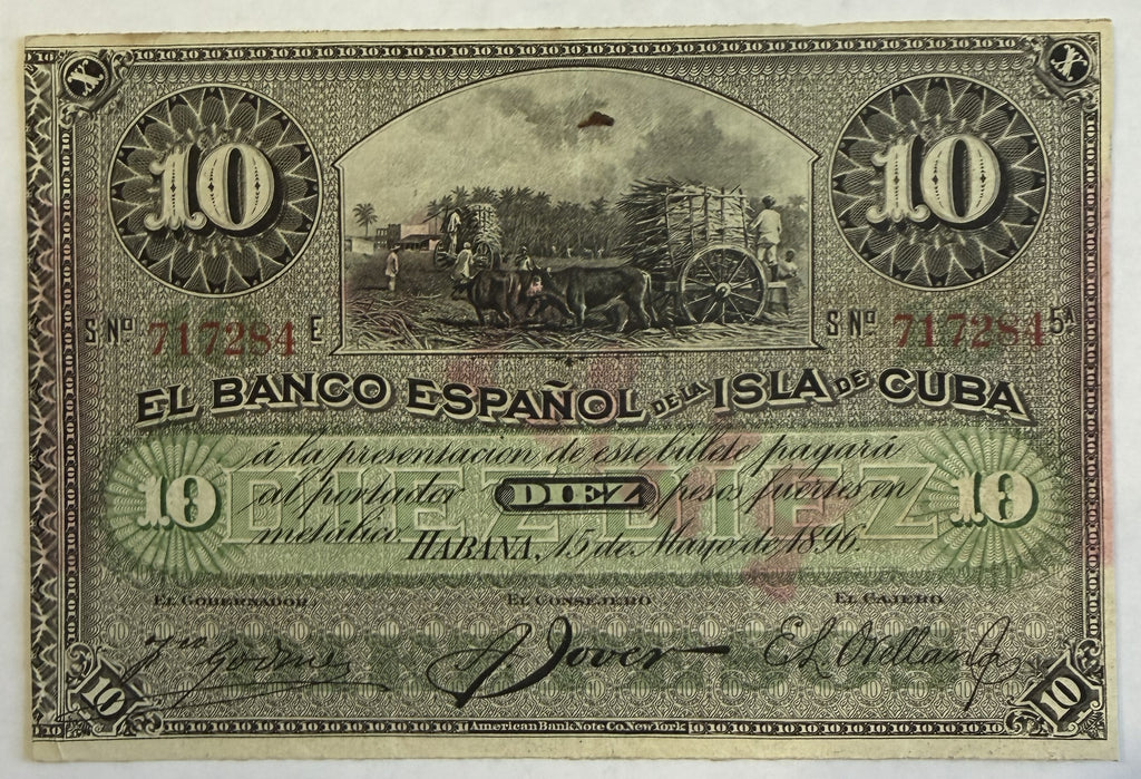 1896 Cuba Billete de 10 Pesos – Banco Español de la Isla de Cuba – Sobreimpresión PLATA – Moneda Colonial Española