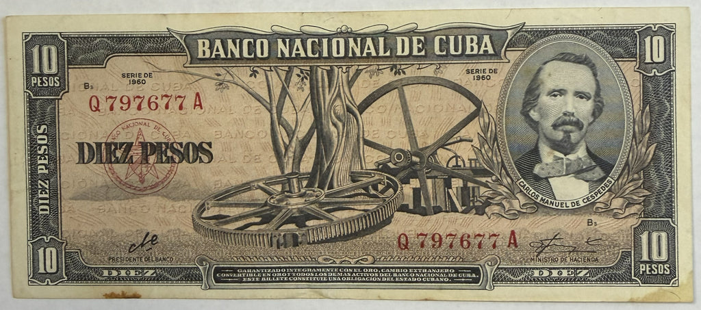 Billete de 10 pesos cubanos de 1960 – Carlos Manuel de Céspedes – Banco Nacional de Cuba – Q797677A