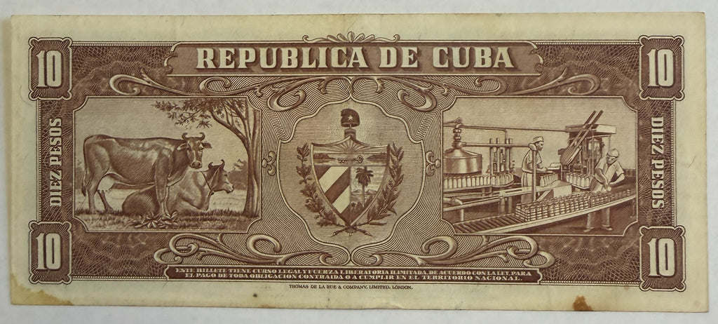 Billete de 10 pesos cubanos de 1960 – Carlos Manuel de Céspedes – Banco Nacional de Cuba – Q797677A