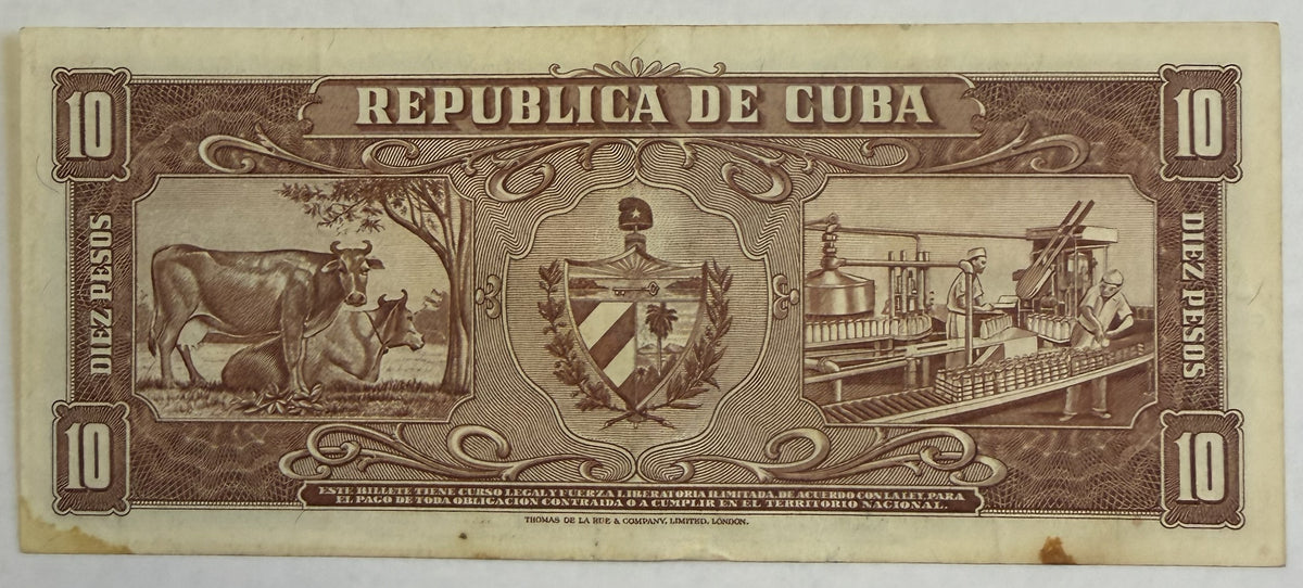 1960 Cuba 10 Pesos Banknote – Carlos Manuel de Céspedes – Banco Nacional de Cuba – Q797677A