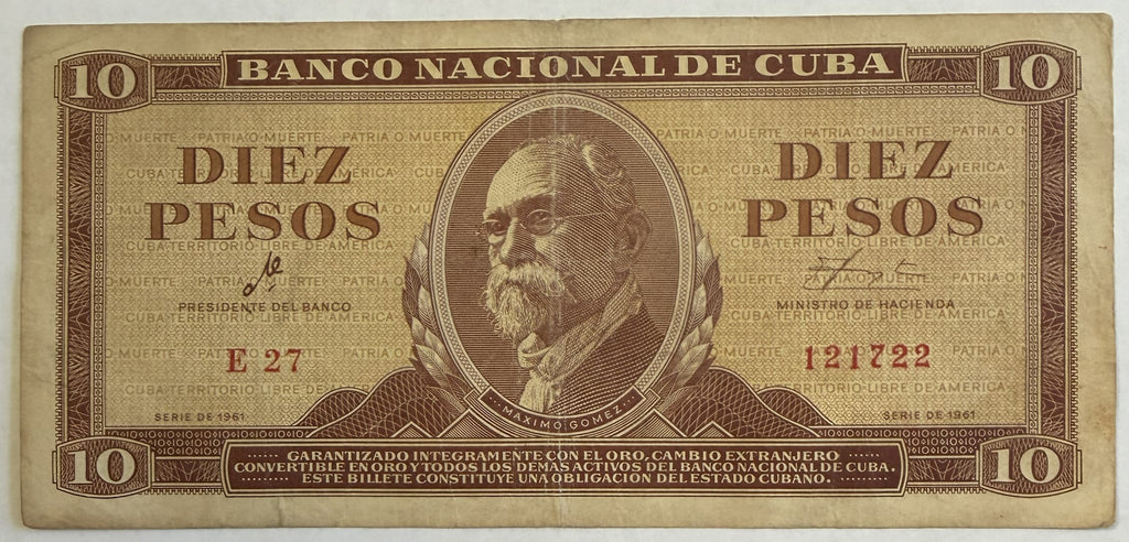 1961 Cuba 10 Pesos Banknote – Che Guevara Signature – Máximo Gómez – P-96a