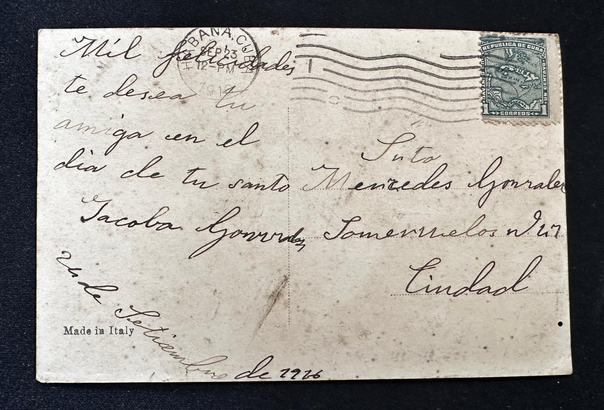 Archive of 6 antique Cuban postcards from 1919–1922 connected to Ernestina and Rafael Castro in Havana, with handwritten messages and period imagery.