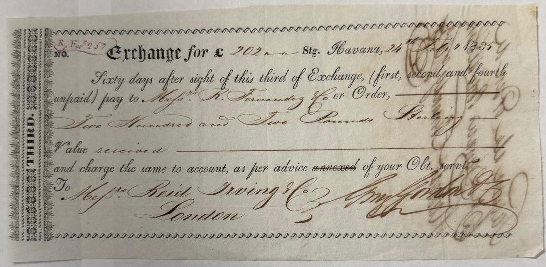 1839 Havana Cuba £400 Bill of Exchange – P.A. Mesier 28 Wall St. New York – London