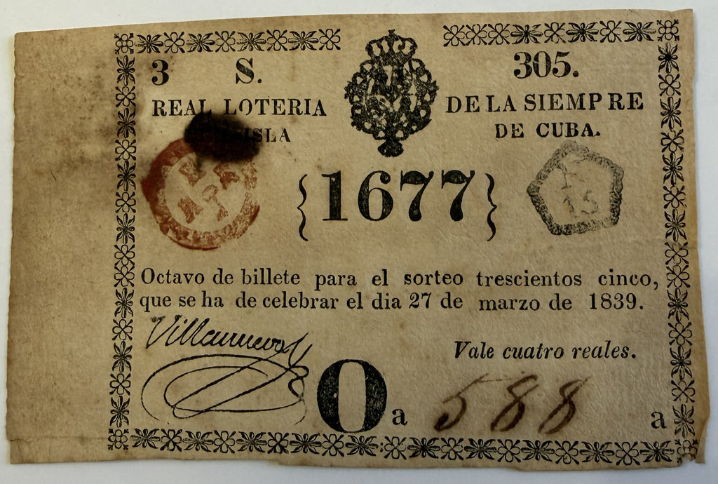 1839 Cuba Real Lotería Colonial Lottery Ticket – Sorteo 305 – Spanish Cuba
