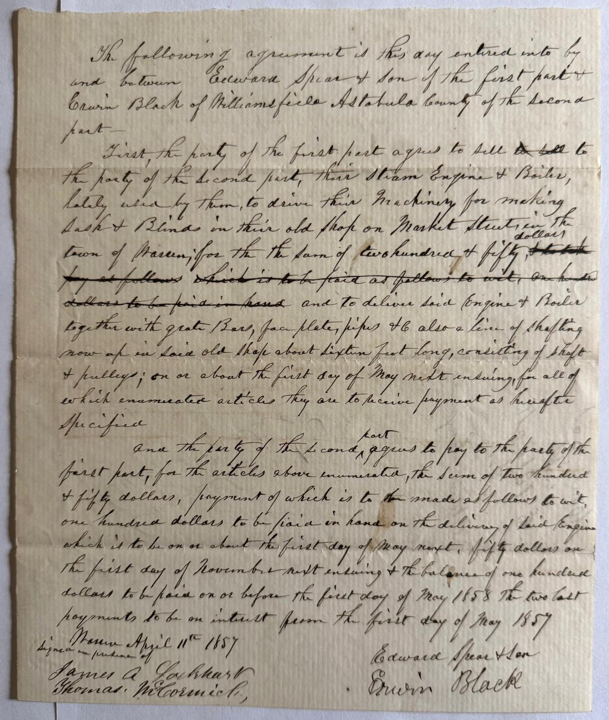 1857 Steam Engine & Boiler Agreement – Edward Spear & Son – Warren Ohio Industrial Document