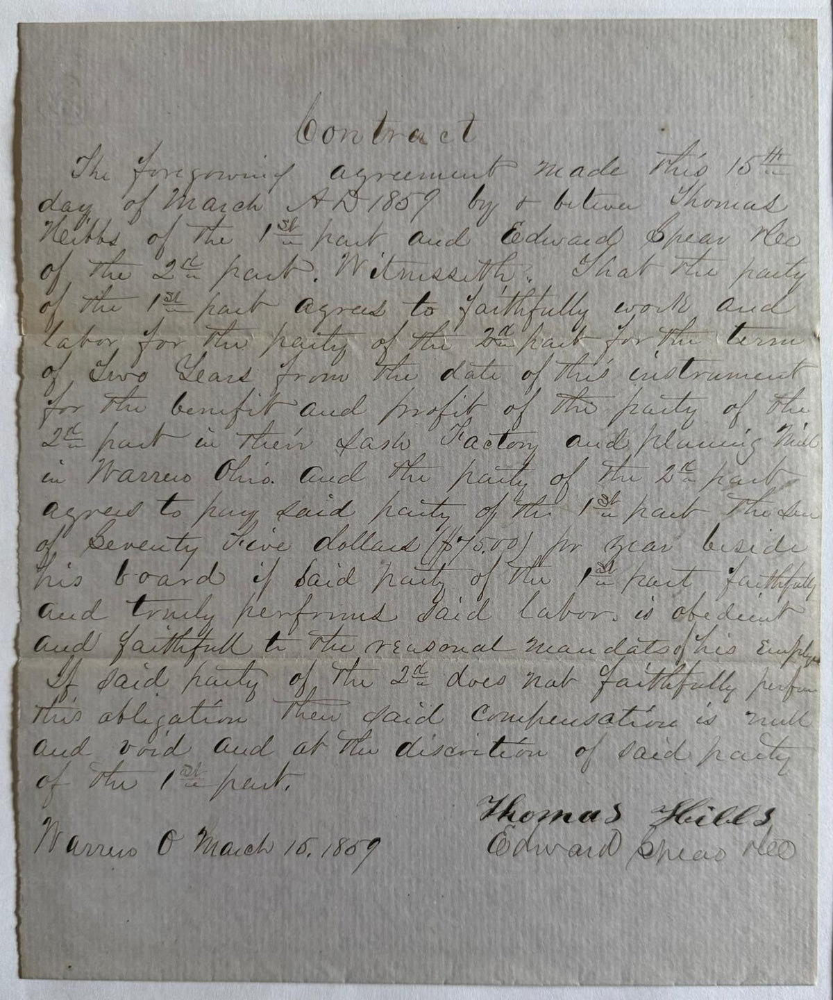 1859 Warren Ohio Employment Contract – Judge Edward Spear – Sash Factory & Planing Mill