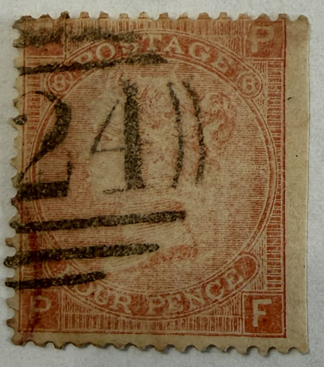 Great Britain 1862 Queen Victoria 4d Bright/Pale Red – Plate 3 – Large Garter Watermark – Small White/Uncoloured Corner Letters – Used