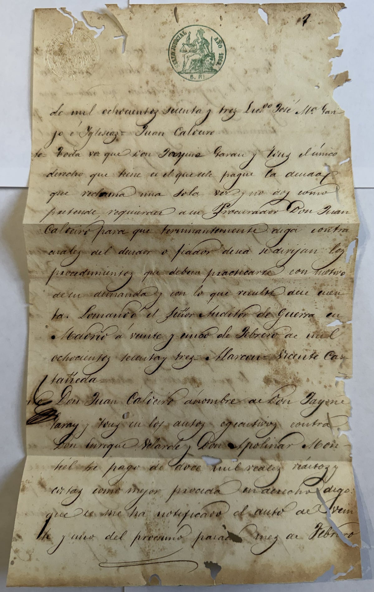 1865 Spanish Colonial Cuba Judicial Document – 6 Reales Sello Judicial – Isabel II Era