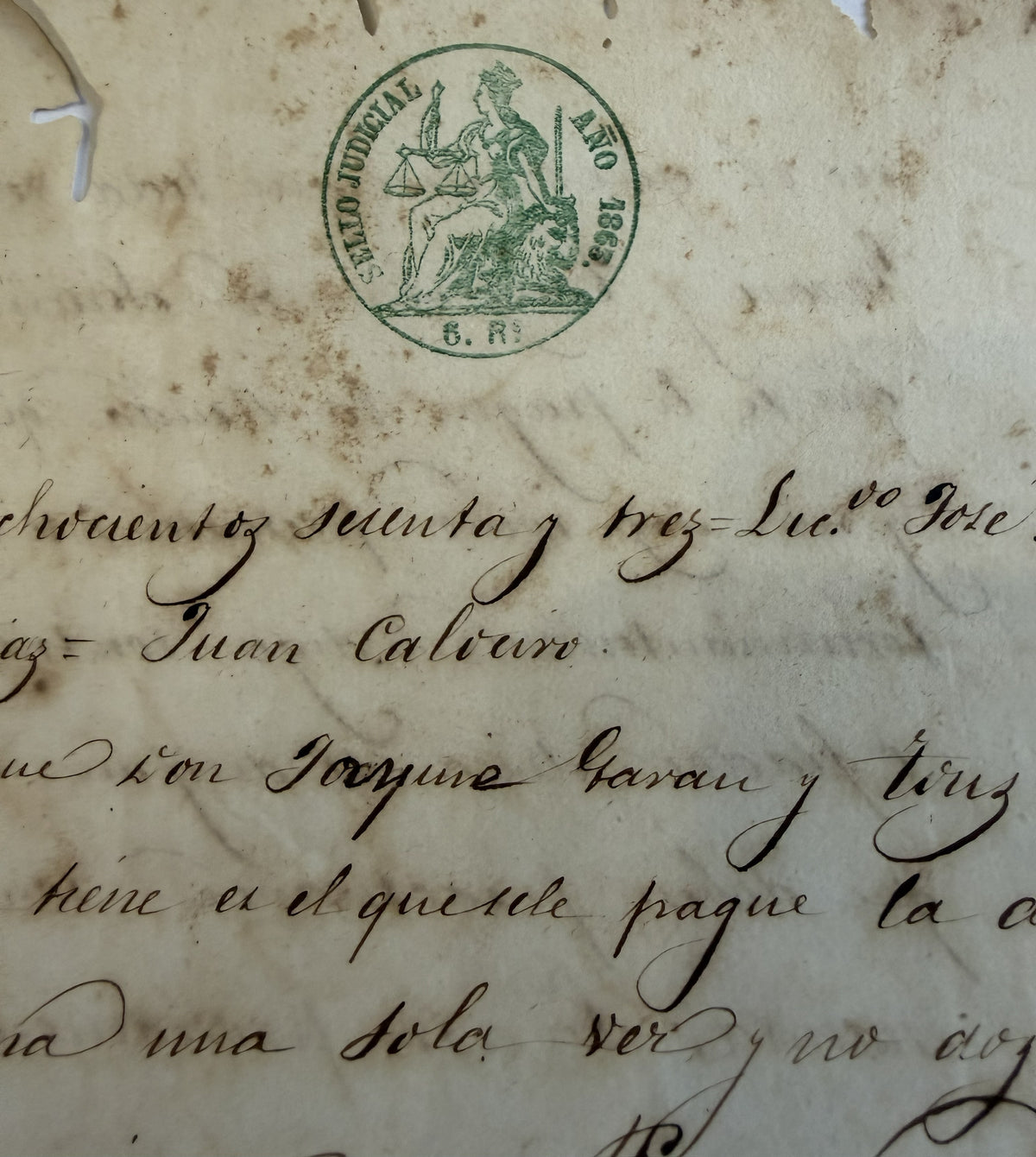 1865 Spanish Colonial Cuba Judicial Document – 6 Reales Sello Judicial – Isabel II Era