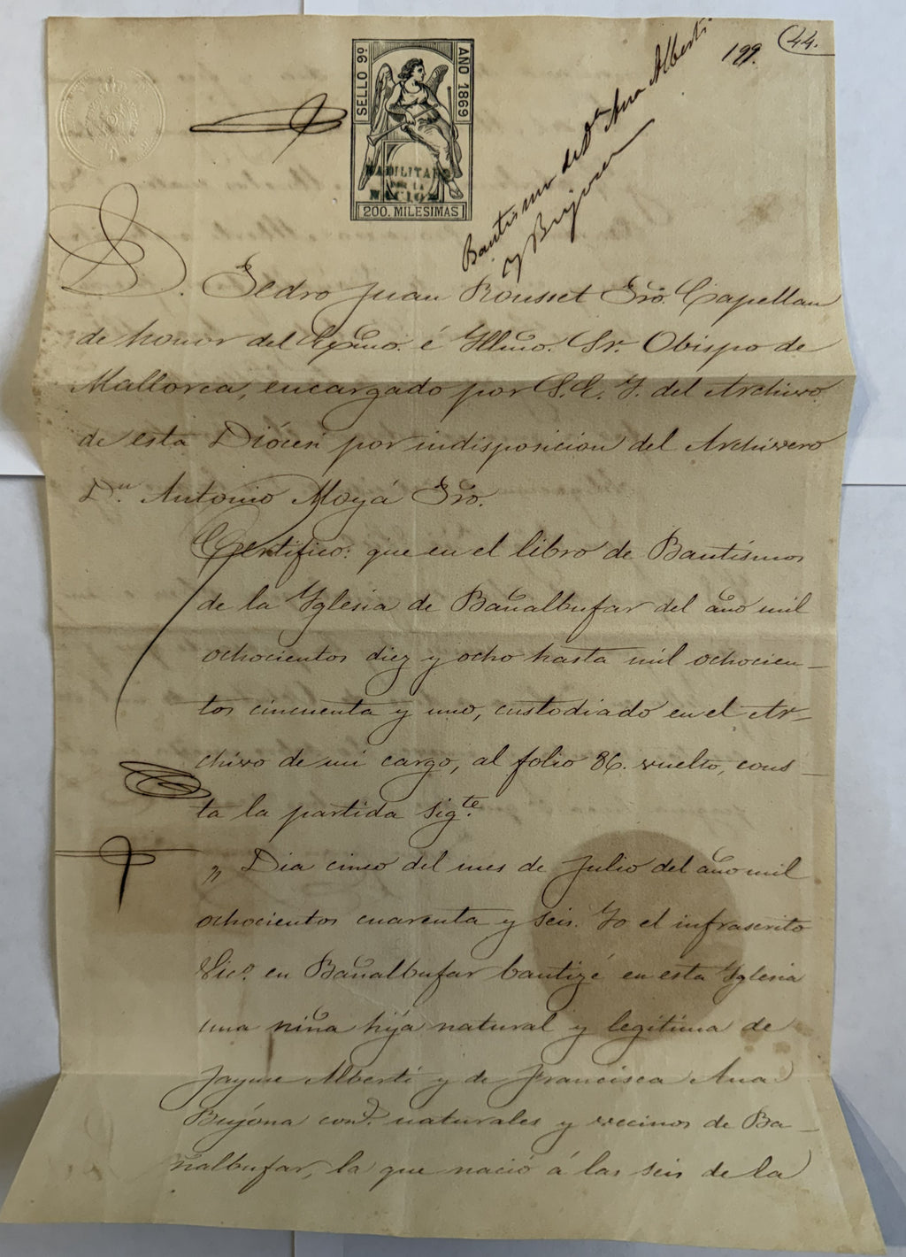 1869 Mallorca España Certificado de Bautismo – 1846 Registro de Banyalbufar – Sello Episcopal y Sello de Rentas