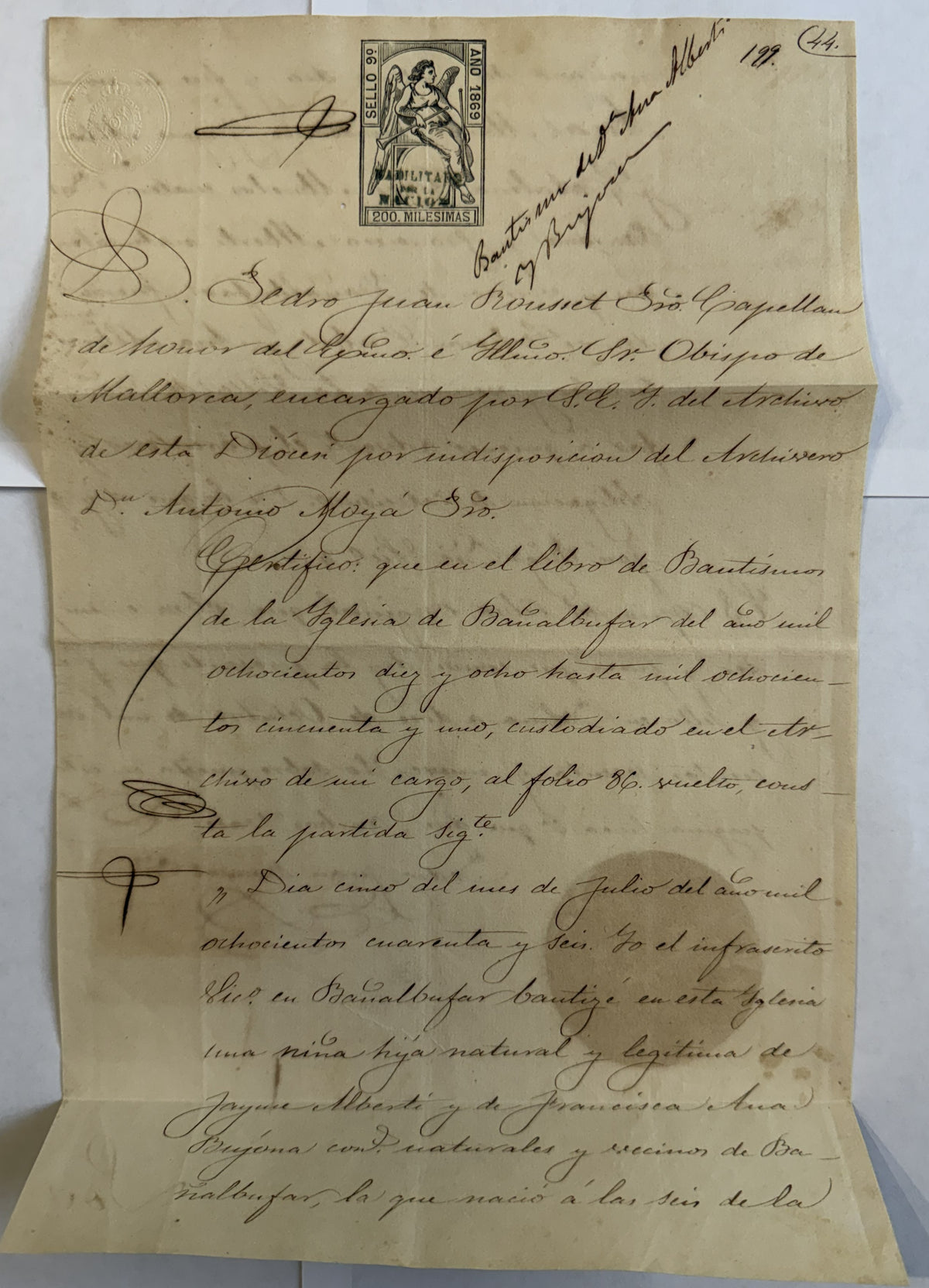 1869 Mallorca Spain Baptism Certificate – 1846 Banyalbufar Record – Episcopal Seal & Revenue Stamp