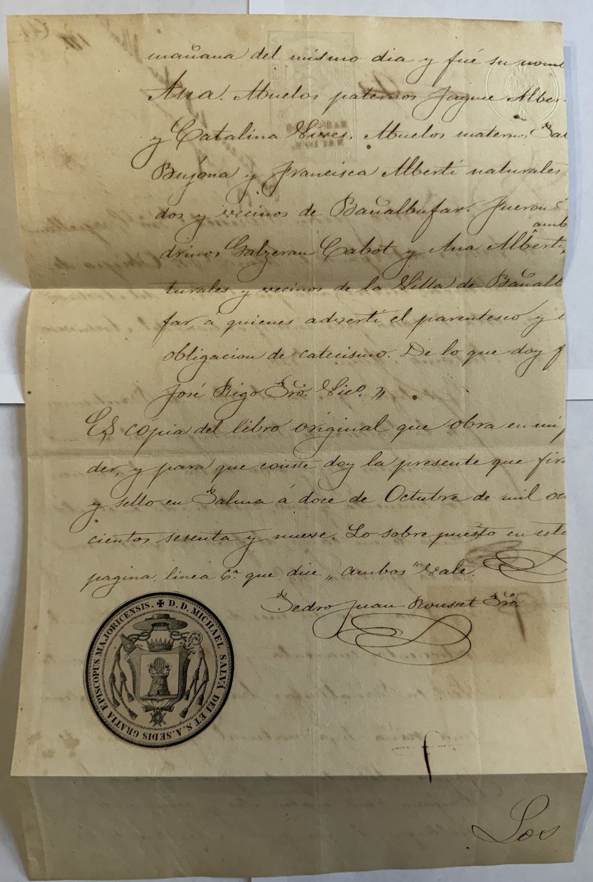 1869 Mallorca Spain Baptism Certificate – 1846 Banyalbufar Record – Episcopal Seal & Revenue Stamp