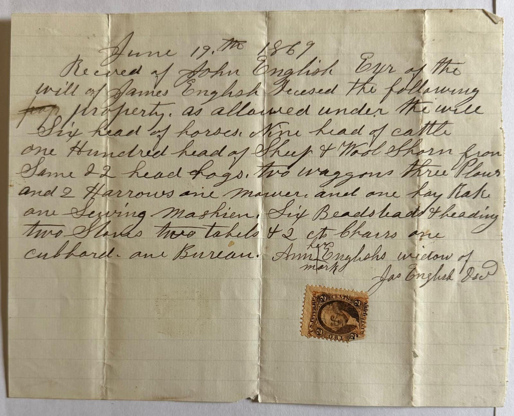 1869 Estate Property Receipt – 100 Sheep, Horses & Farm Goods – U.S. 2¢ Revenue Stamp