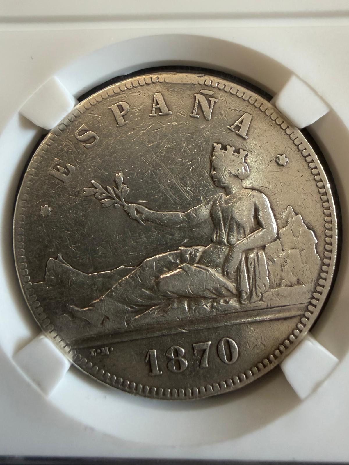 1870 18-70 Spain 5 Pesetas Silver Coin – Provisional Government S.N.-M. Madrid