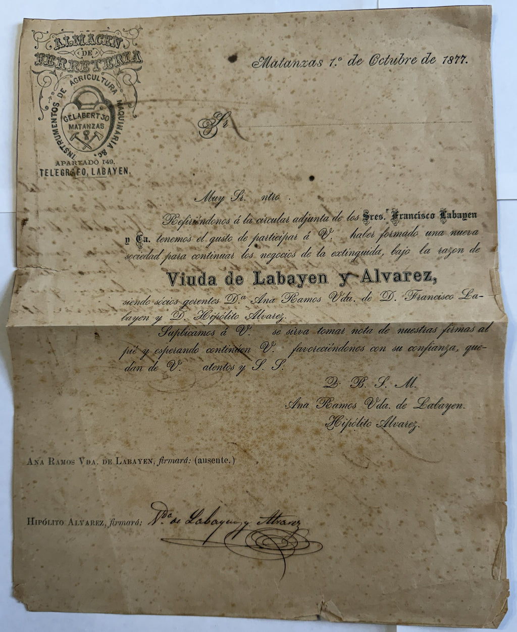 1877 Matanzas Cuba Viuda de Labayen & Álvarez – Documentos históricos de una ferretería – Par