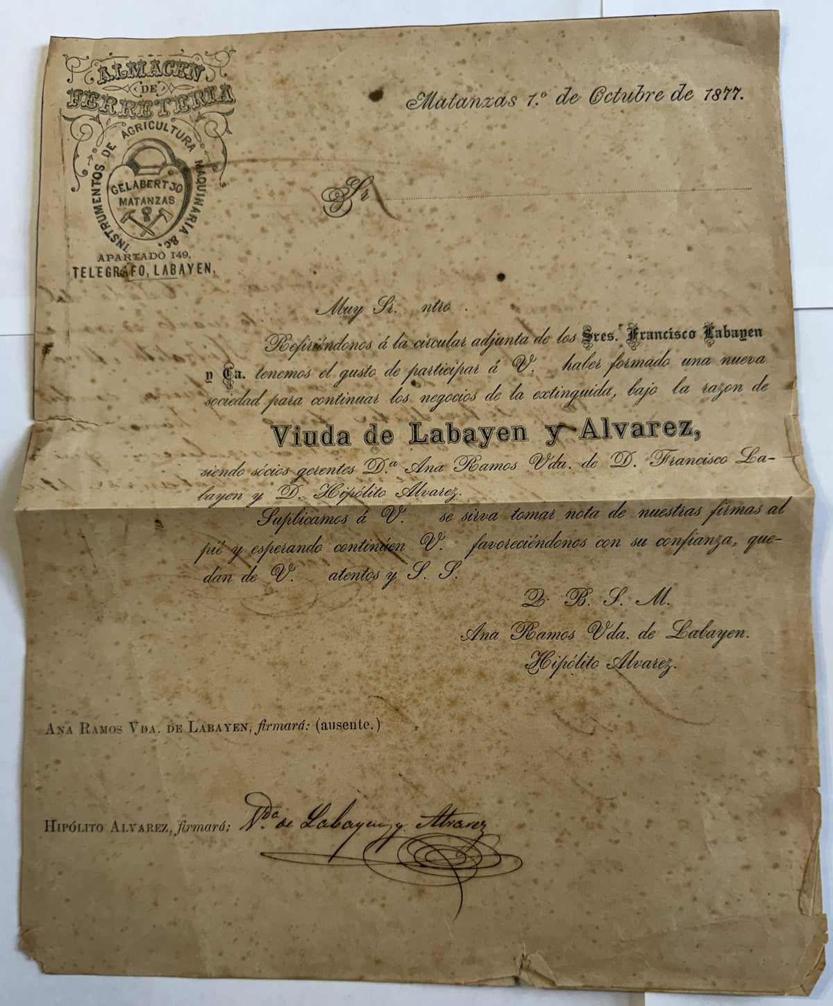 1877 Matanzas Cuba Viuda de Labayen & Alvarez – Historic Hardware Company Documents – Pair
