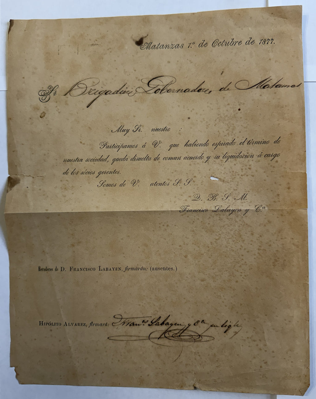 1877 Matanzas Cuba Viuda de Labayen & Álvarez – Documentos históricos de una ferretería – Par
