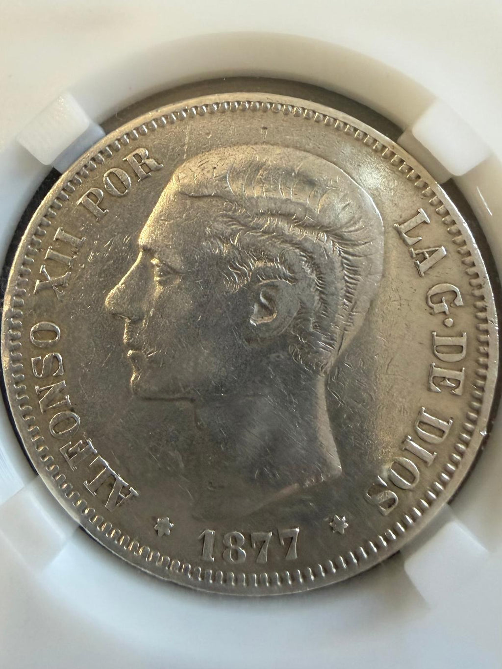 1877 España Alfonso XII Moneda de plata de 5 pesetas 18-77 DE-M Ceca de Madrid