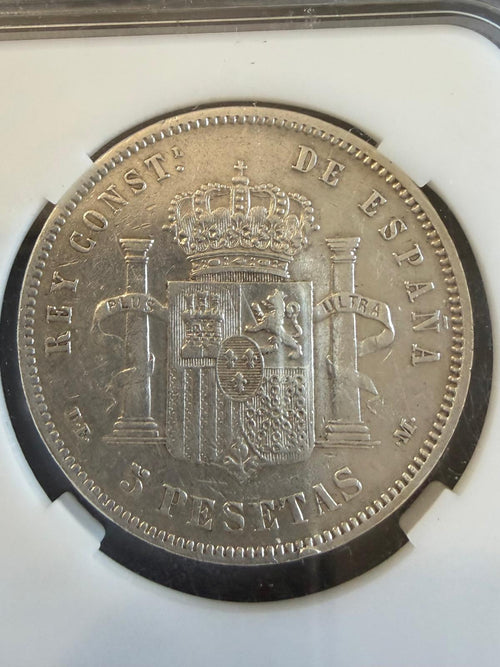 1877 Spain Alfonso XII 5 Pesetas Silver Coin 18-77 DE-M Madrid Mint