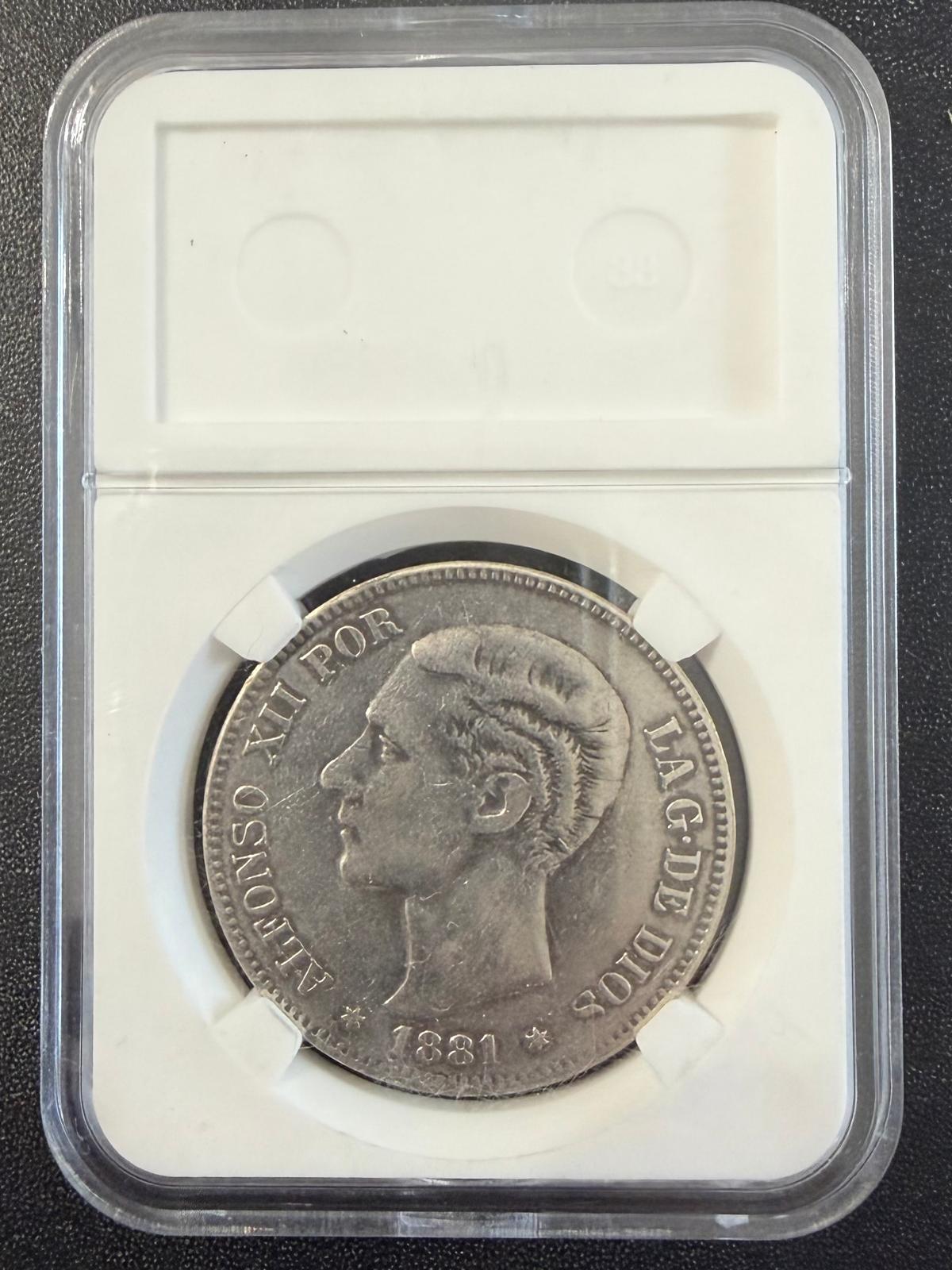 1881 18-81 Spain 5 Pesetas Alfonso XII Silver Coin M.S.-M. – Scarce Date