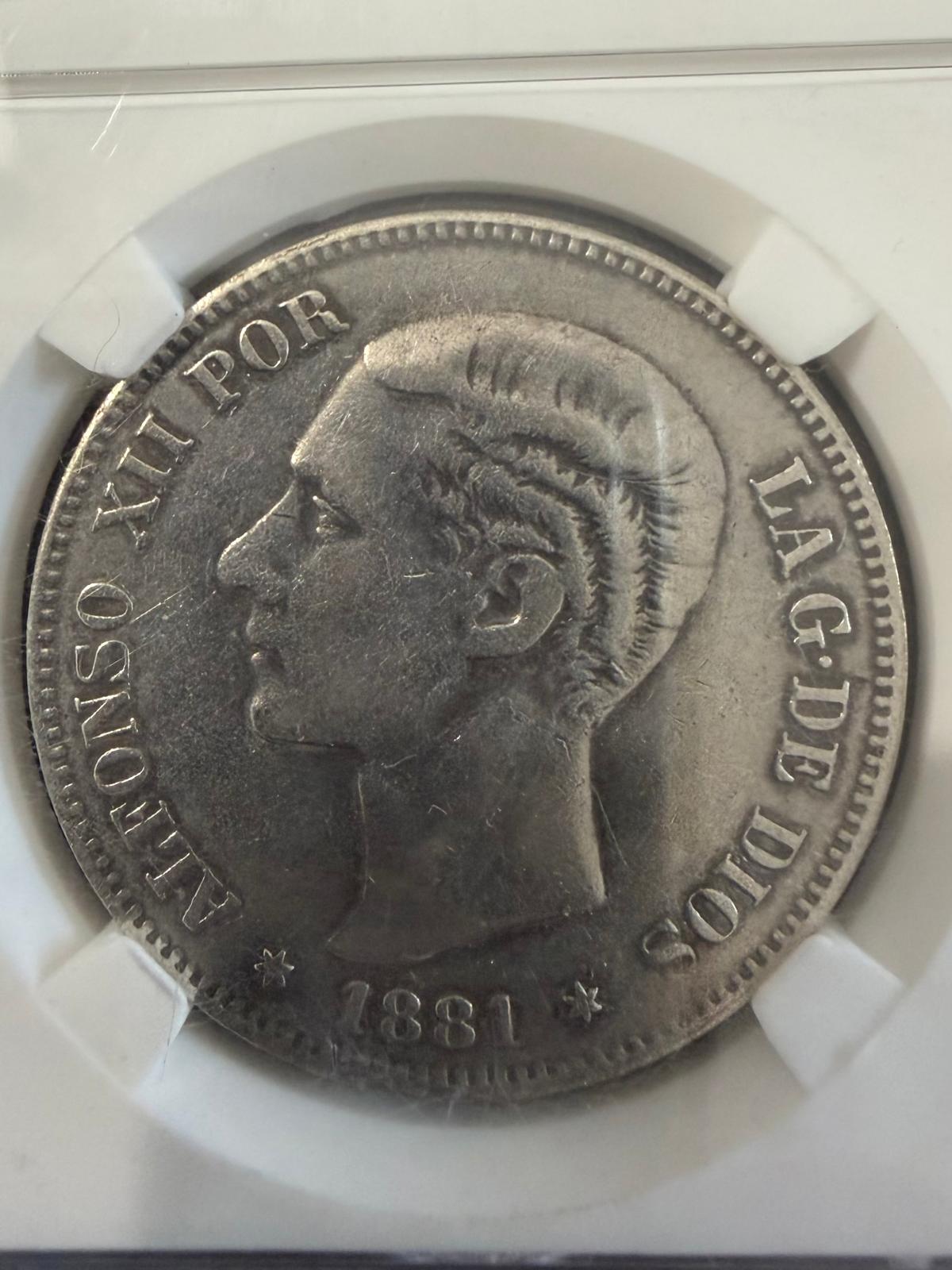 1881 18-81 Spain 5 Pesetas Alfonso XII Silver Coin M.S.-M. – Scarce Date