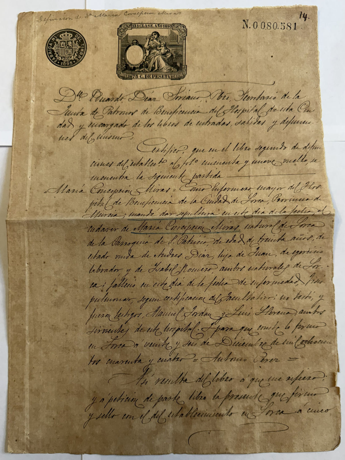 1893 Spain Death Certificate – Lorca Hospital Nurse – 75c Revenue Stamped Paper