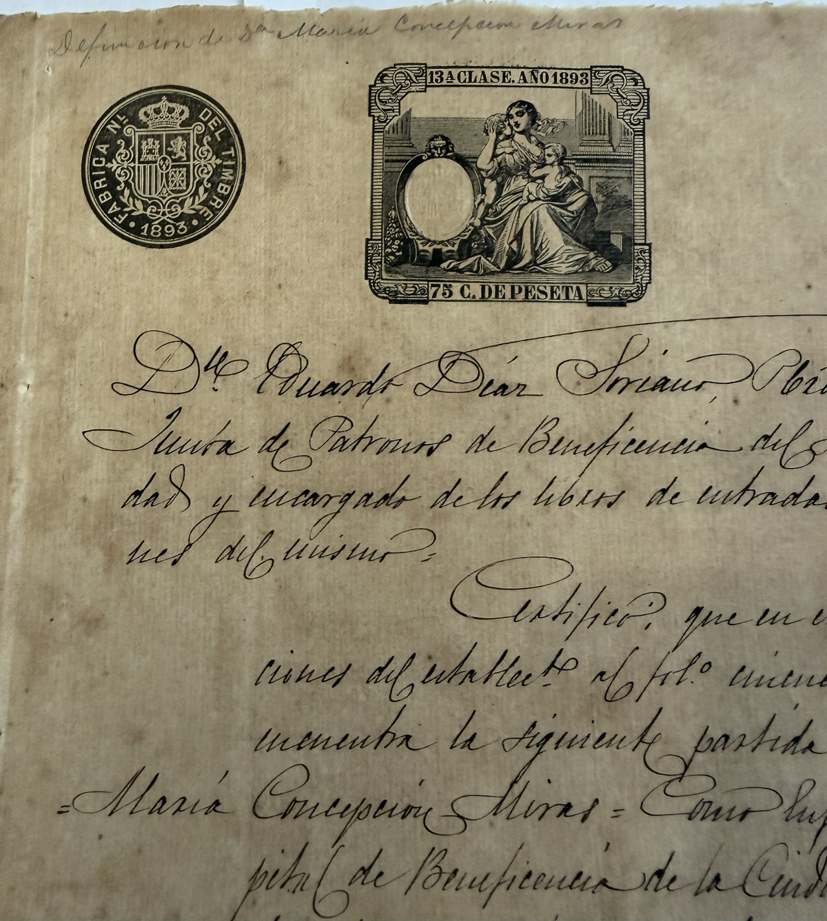 1893 Spain Death Certificate – Lorca Hospital Nurse – 75c Revenue Stamped Paper
