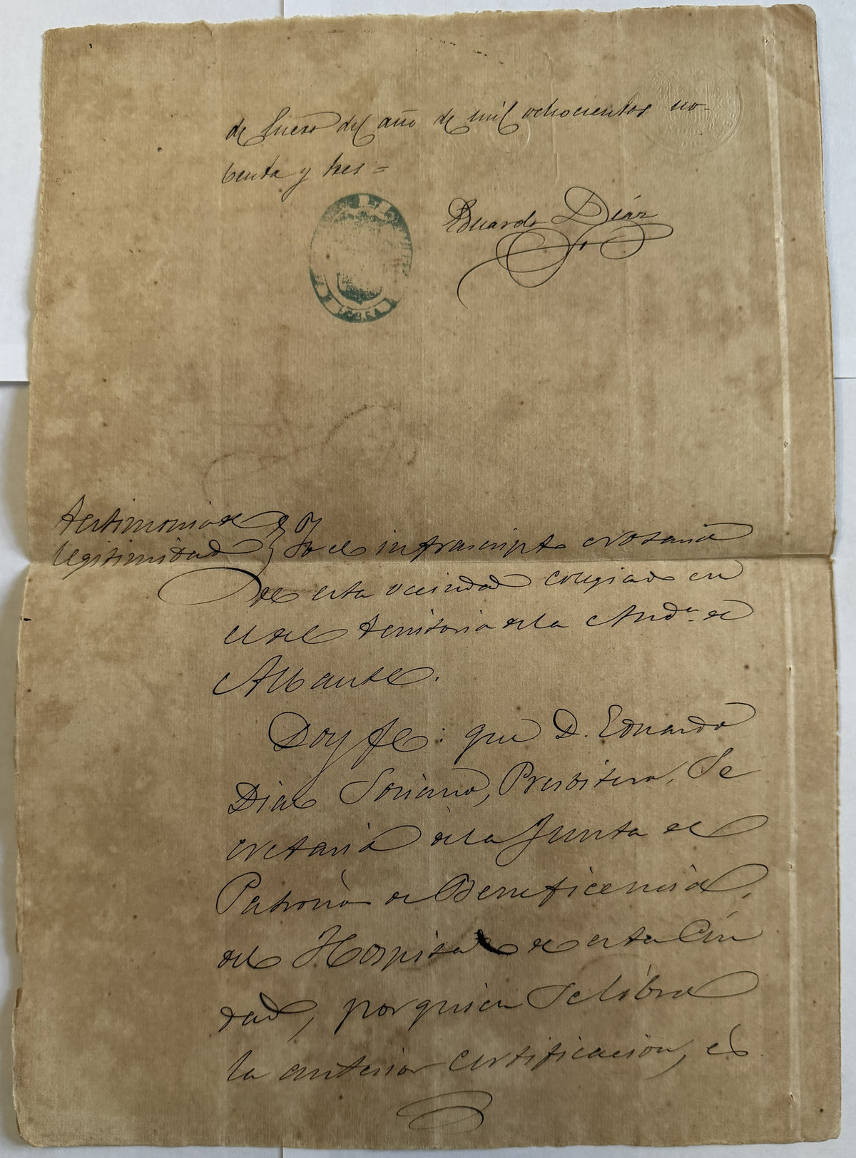 1893 Spain Death Certificate – Lorca Hospital Nurse – 75c Revenue Stamped Paper