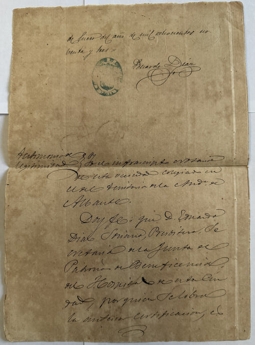 1893 Spain Death Certificate – Lorca Hospital Nurse – 75c Revenue Stamped Paper