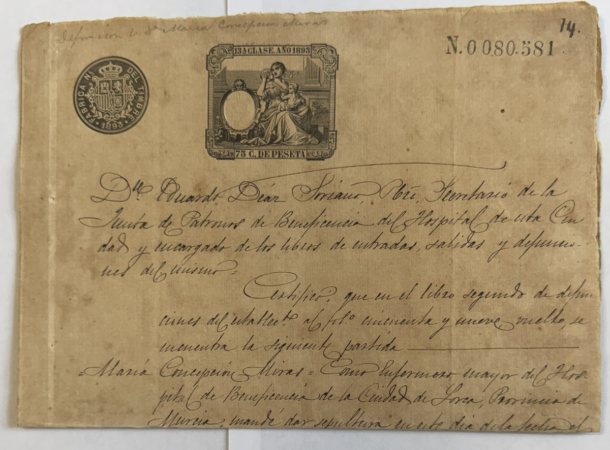 1893 Spain Death Certificate – Lorca Hospital Nurse – 75c Revenue Stamped Paper