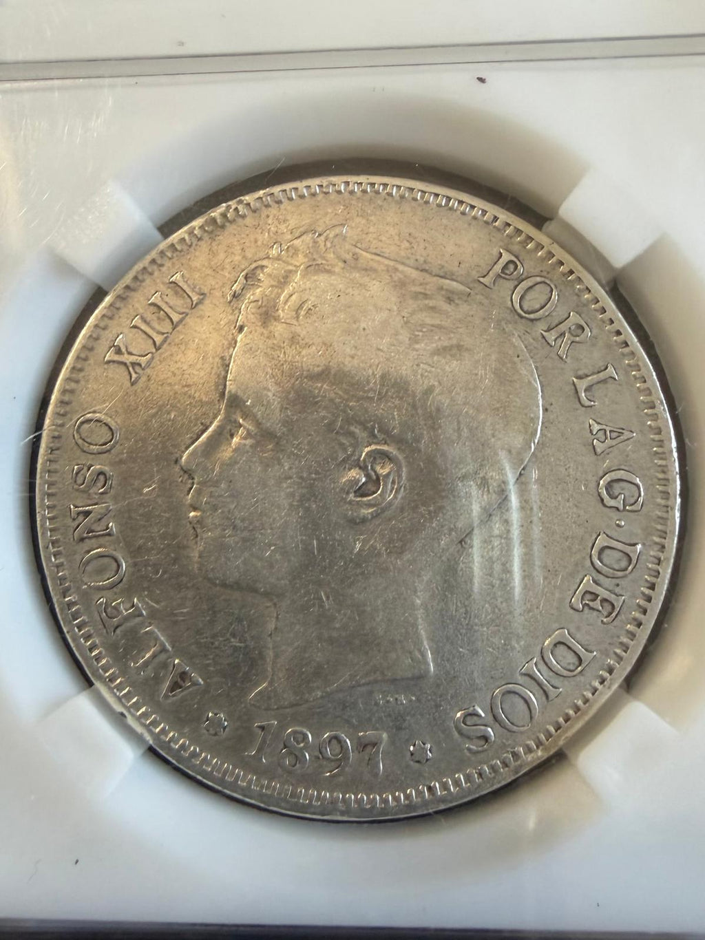 1897 España Alfonso XIII 5 Pesetas Moneda de Plata Madrid S.G.-V Antigua Corona Española
