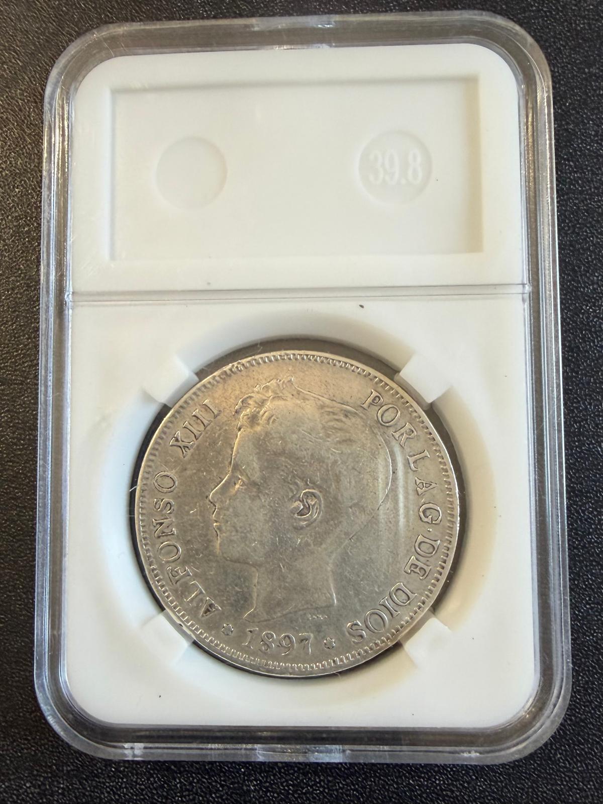 1897 Spain Alfonso XIII 5 Pesetas Silver Coin Madrid S.G.-V Antique Spanish Crown