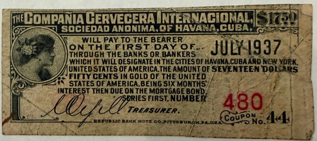 1937 Compañía Cervecera Internacional Cuba Mortgage Bond Interest Coupon No. 44