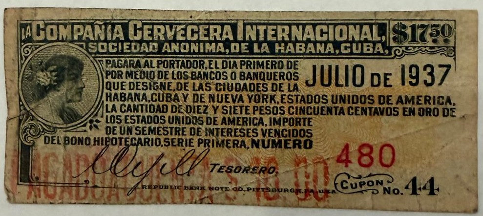 1937 Compañía Cervecera Internacional Cuba Mortgage Bond Interest Coupon No. 44