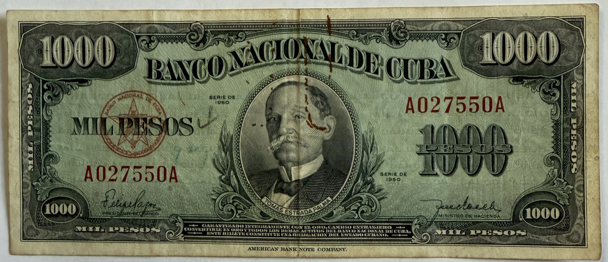 1950 Cuba 1,000 Pesos Banknote P-84 – Tomás Estrada Palma – Banco Nacional