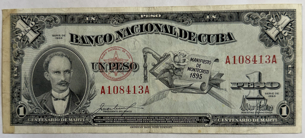 1953 Cuba 1 Peso Banknote – José Martí Centennial – Montecristi Manifest – P-86a