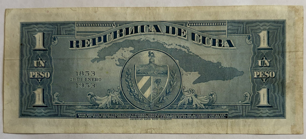 1953 Cuba 1 Peso Banknote – José Martí Centennial – Montecristi Manifest – P-86a