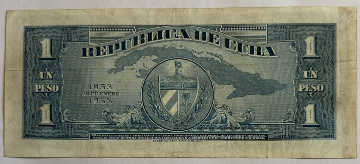 1953 Cuba 1 Peso Banknote – José Martí Centennial – Montecristi Manifest – P-86a