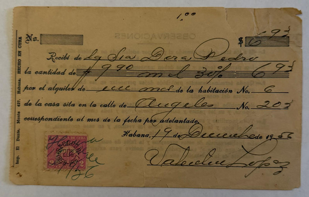 1956 Havana Cuba Rent Receipt – Ángeles 203 – Republic of Cuba Revenue Stamp