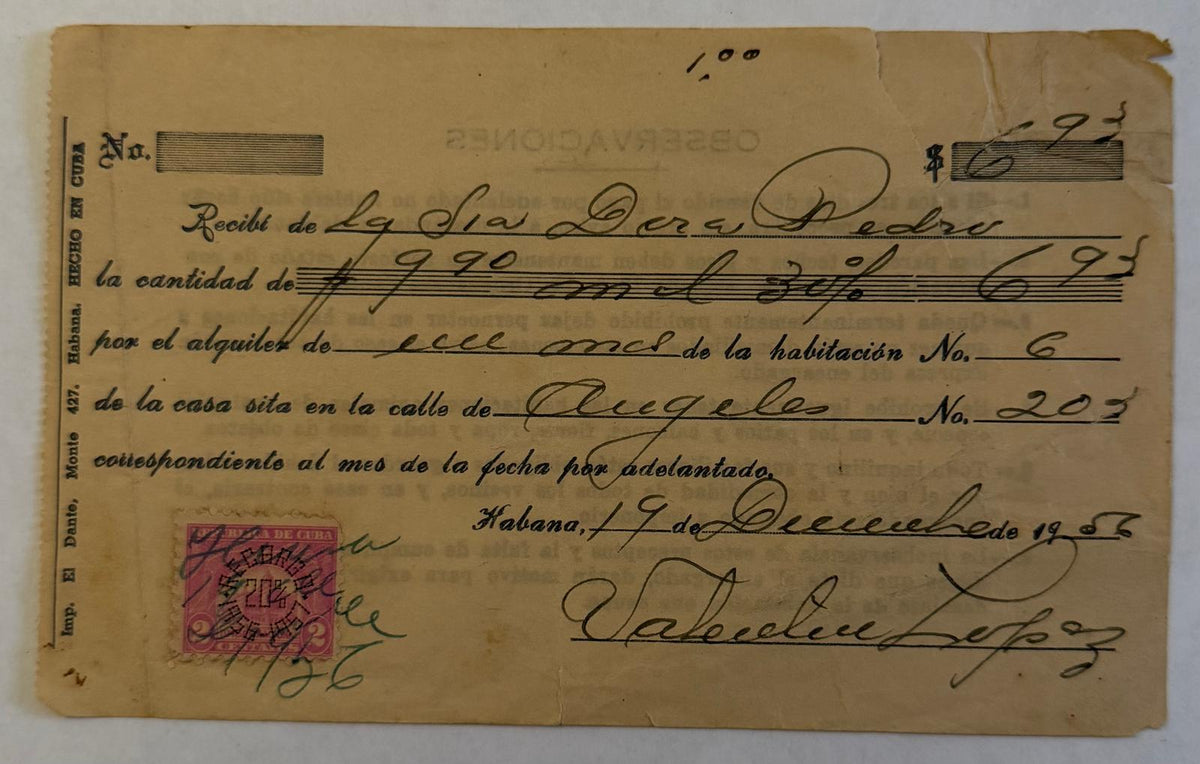 1956 Havana Cuba Rent Receipt – Ángeles 203 – Republic of Cuba Revenue Stamp