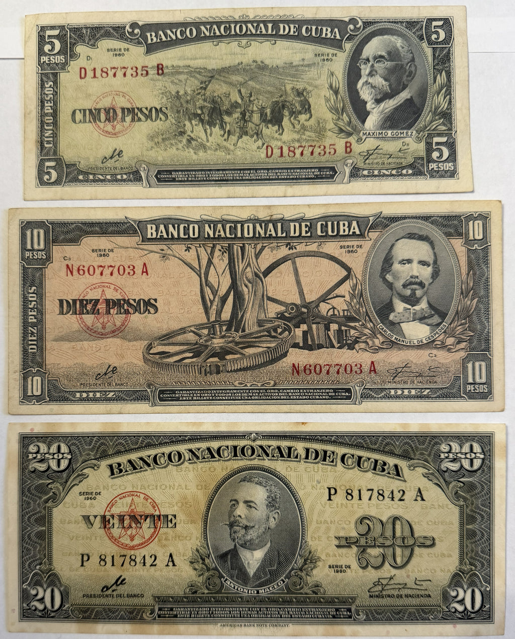1960 Cuba Che Guevara Signature Banknote Set – 5, 10 & 20 Pesos – P91c P88c P80c