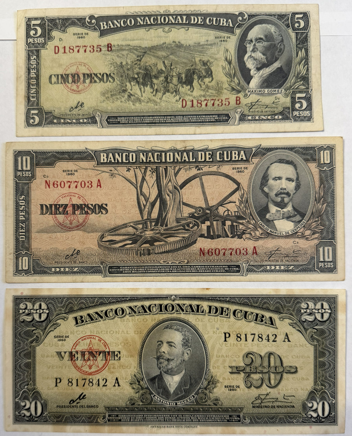 1960 Cuba Che Guevara Signature Banknote Set – 5, 10 & 20 Pesos – P91c P88c P80c