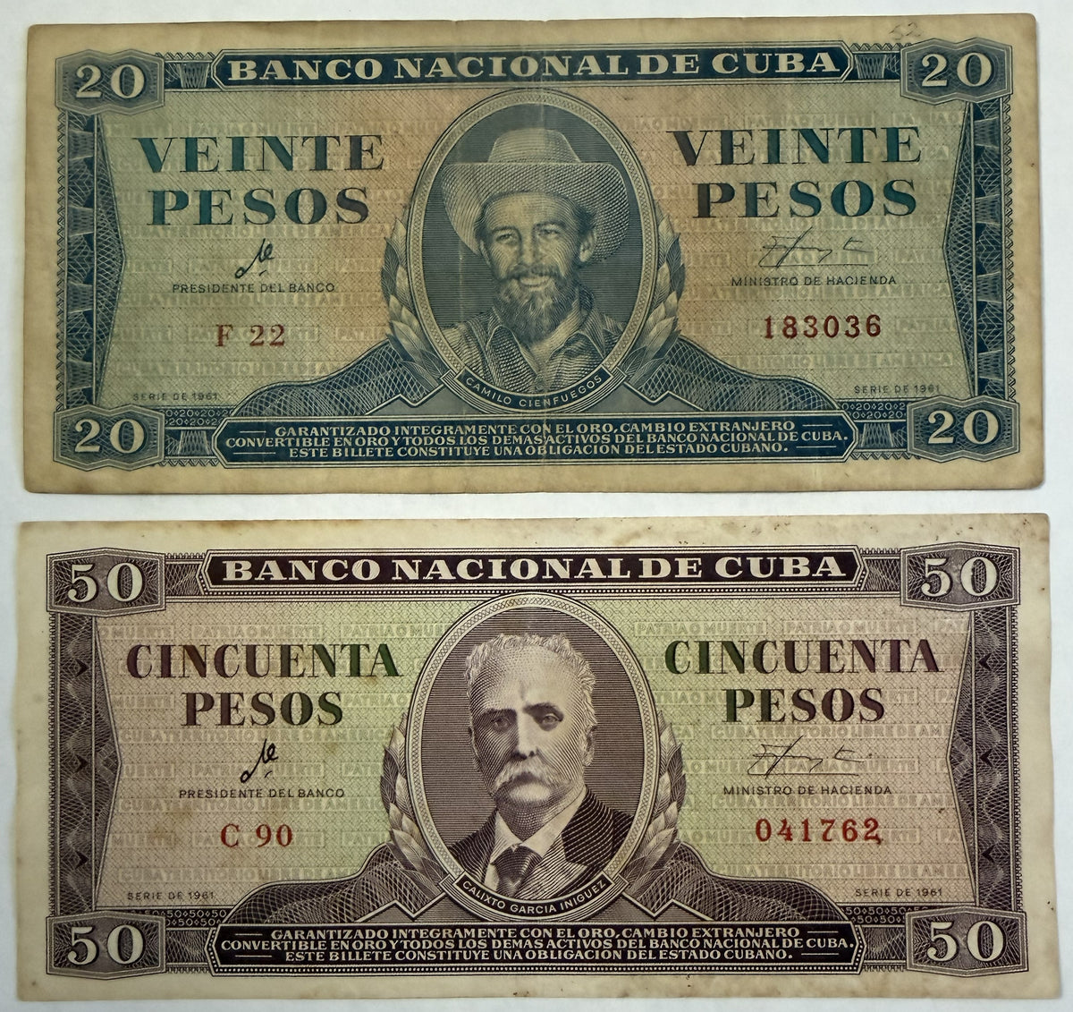 1961 Cuba 20 & 50 Pesos Banknote Set – Che Guevara Signature – Camilo Cienfuegos & Calixto García