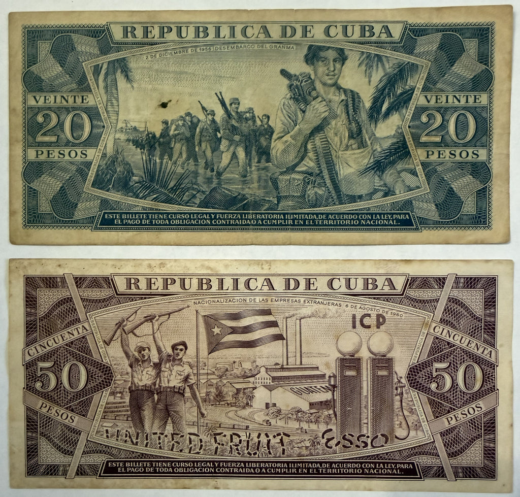 1961 Cuba 20 & 50 Pesos Banknote Set – Che Guevara Signature – Camilo Cienfuegos & Calixto García