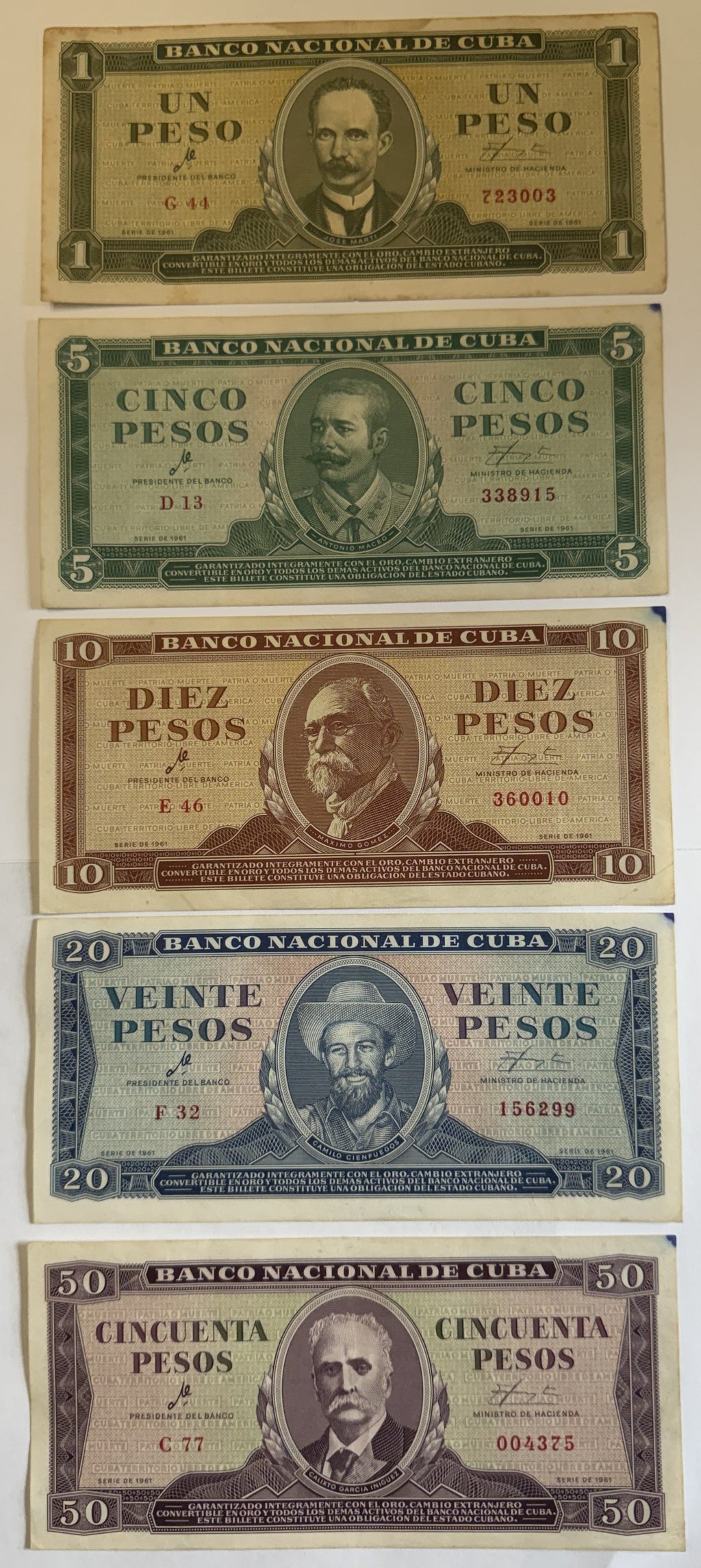 1961 Cuba Che Guevara Signature 5-Banknote Set – 1, 5, 10, 20 & 50 Pesos – Vintage Cuban Currency
